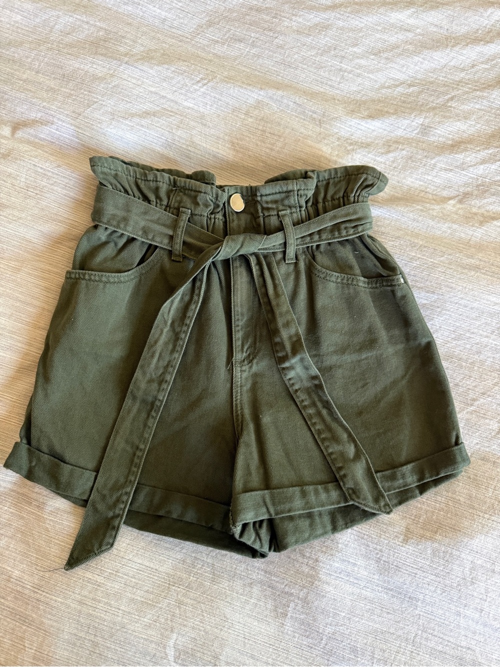 River Island Olive Green High Waist Paperbag Shorts with Tie Belt